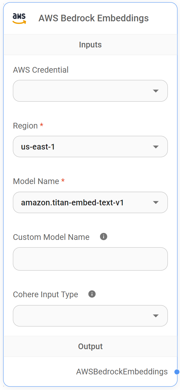 <p>AWS Bedrock Embeddings Node</p>